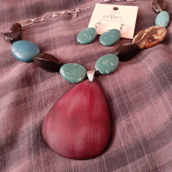 Necklace Earings Set Turquoise Colours Stone Shapes Artificial - Picture 7 of 16